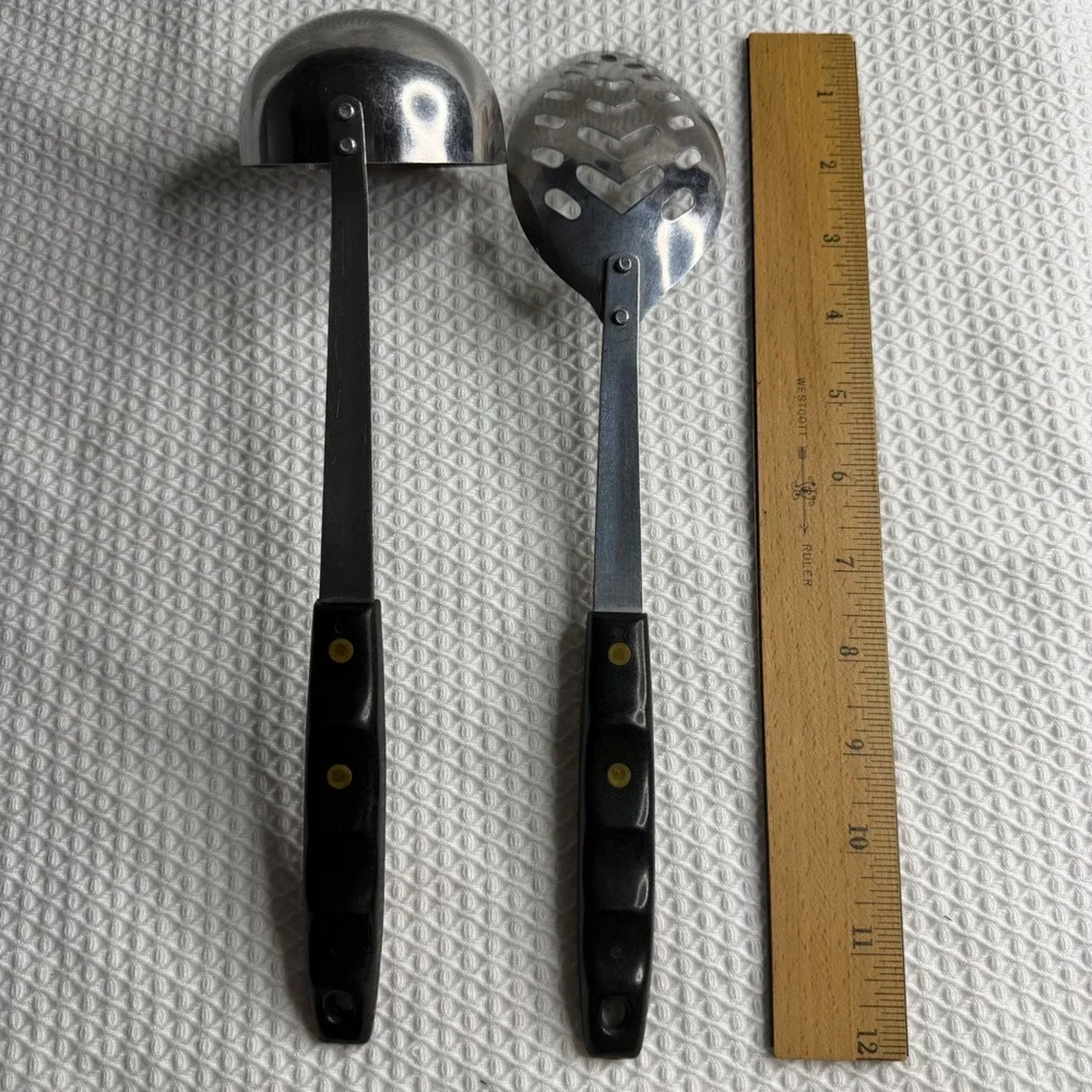 Vintage Stainless USA Kitchen Utensil Set Ladles Slotted Spoons Brown Black Wood